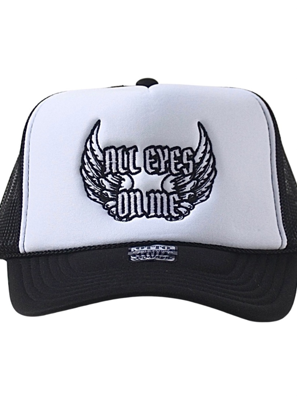Embroidered 'All Eyes On Me' Trucker Hat - Black & White